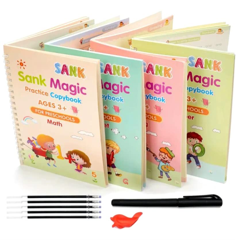 APR Enterprises Magic Pen with Fading Ink for Kids to Practice Handwriting and Learning Alphabets and Numbers, Reusable Books (Pack of 4 Books and 10 Refill)